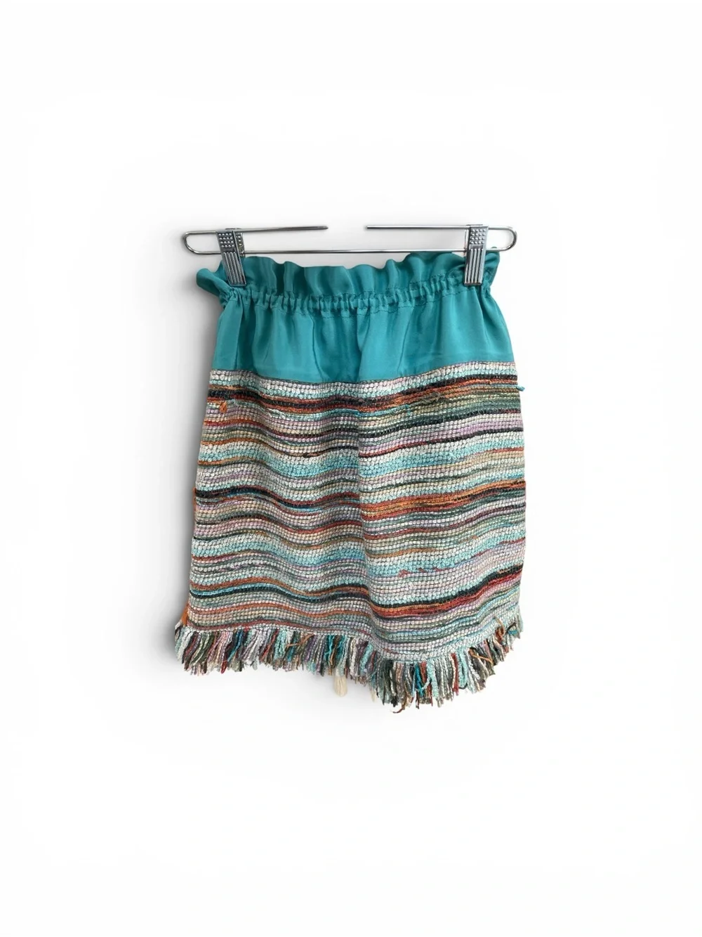 Tory Burch Runway Gasparina Silk Yarn Boho Knit Fringe Mini Skirt 4 Rare Teal